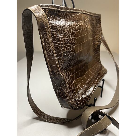 Carlos Falchi Vintage Croc Embossed Leather Purse Brown - Picture 5 of 15